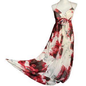 100% Silk Floral Dress M Watercolor Sweetheart Empire Maxi Gown Roses Strappy